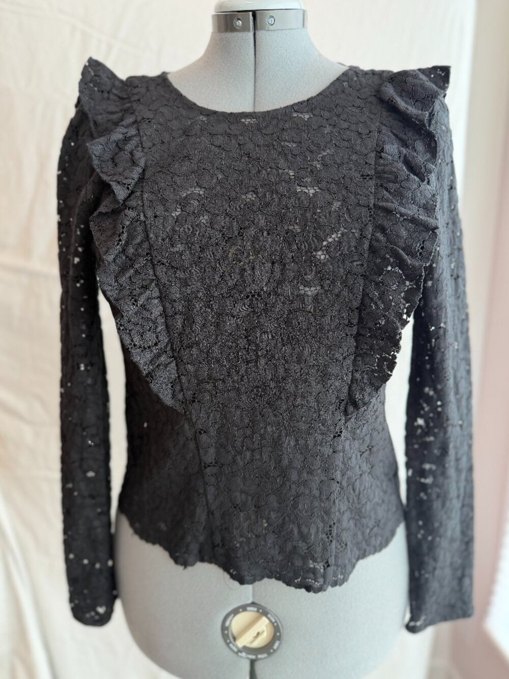 Zara black lace long-sleeve blouse with ruffle front accents